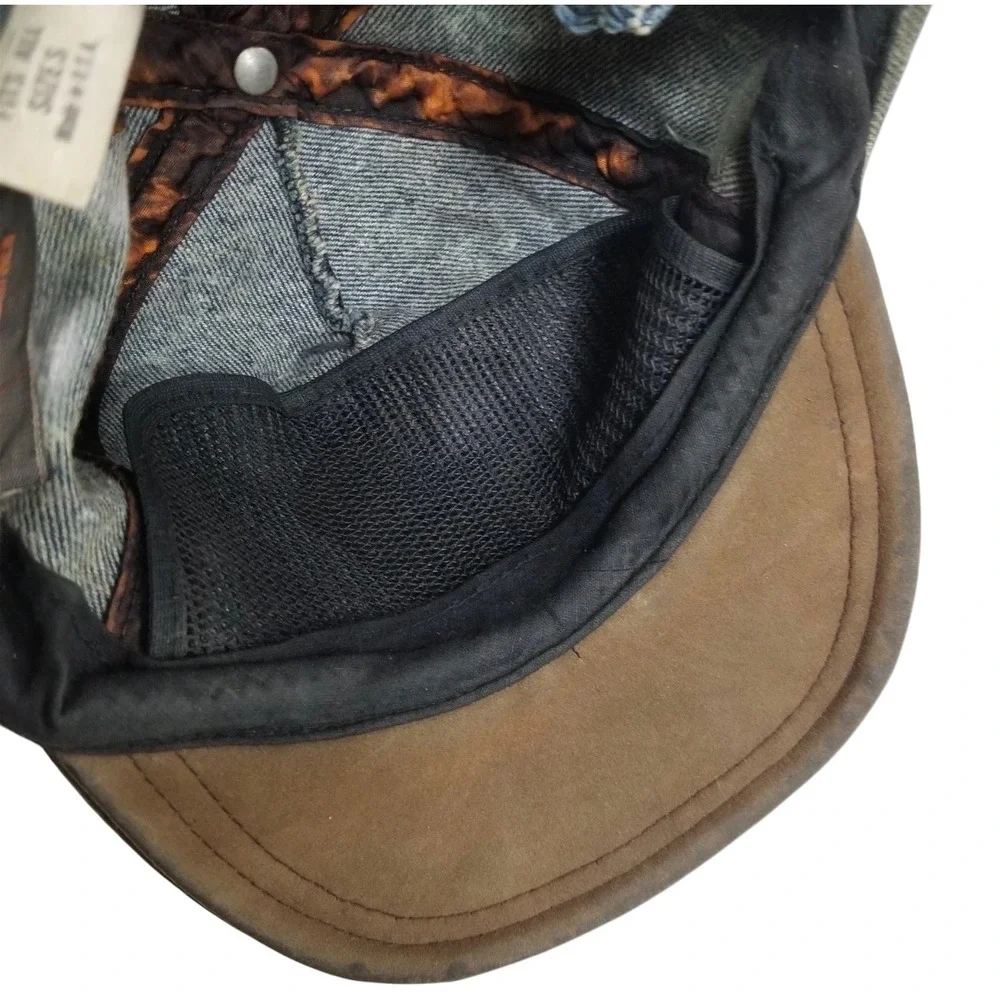 Adventure Bound Acid Wash Denim Cap Leather Bib Baseball Distressed Streetwear